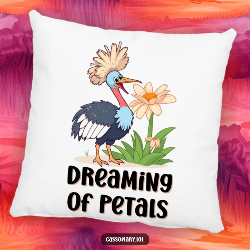 Funny cassowary bird looking enthusiastically at a giant flower, depicted on a soft and humorous pillow.