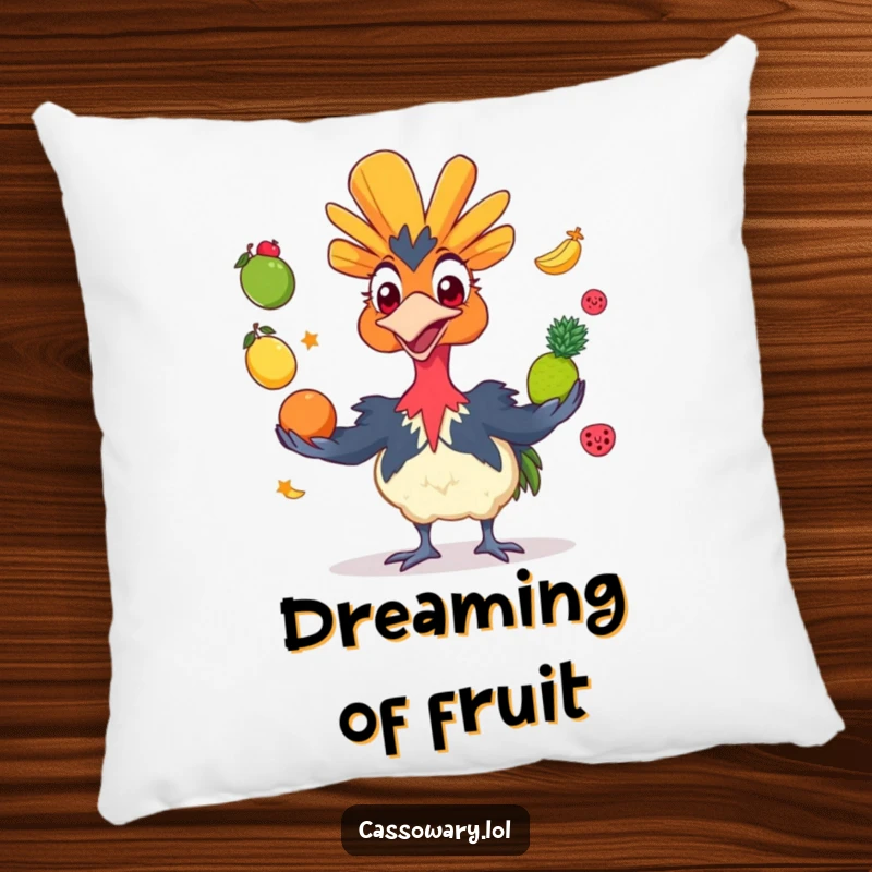 Funny cassowary pillow showcasing a grinning bird juggling colorful fruits, providing comfort with a humorous and visually appealing bird design.