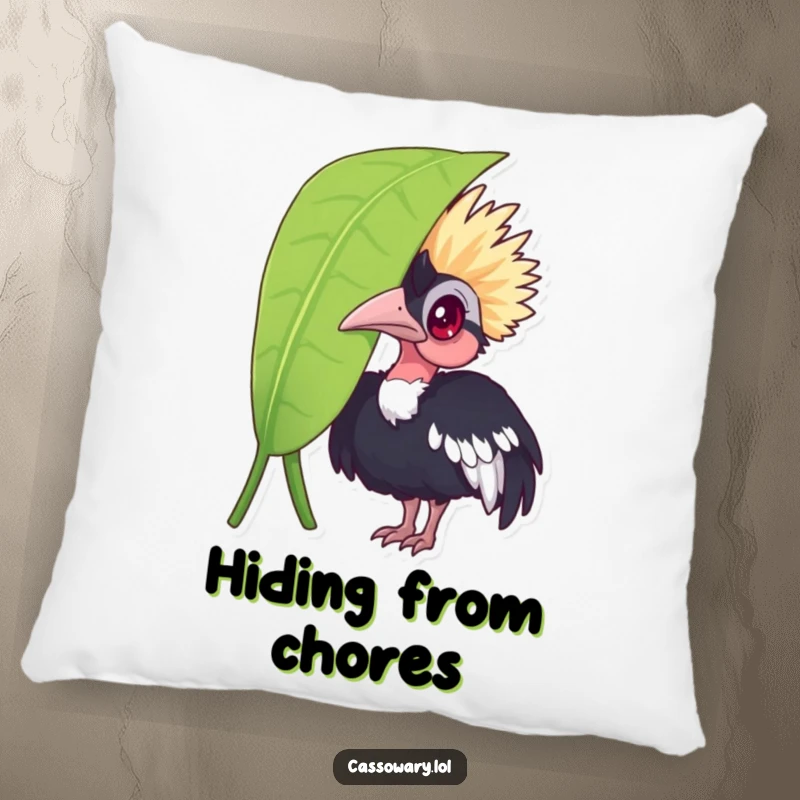 Funny cassowary pillow, a curious bird peeking from behind a lush leaf, providing comfort and a humorous touch to home decor.