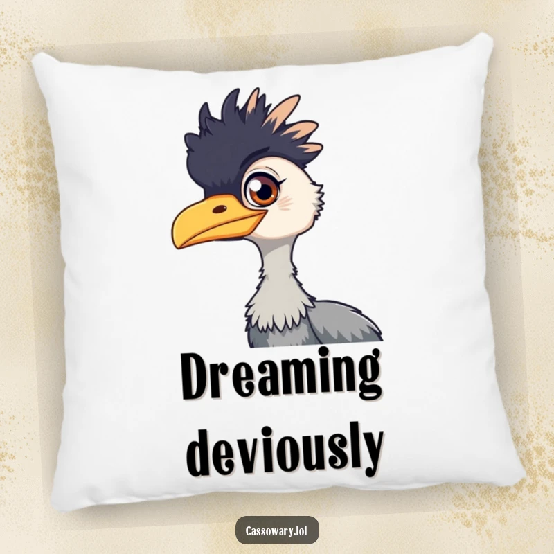 Funny cassowary pillow, a soft cushion featuring a cassowary with a playful gleam in its eye, perfect for adding comfort and humor.