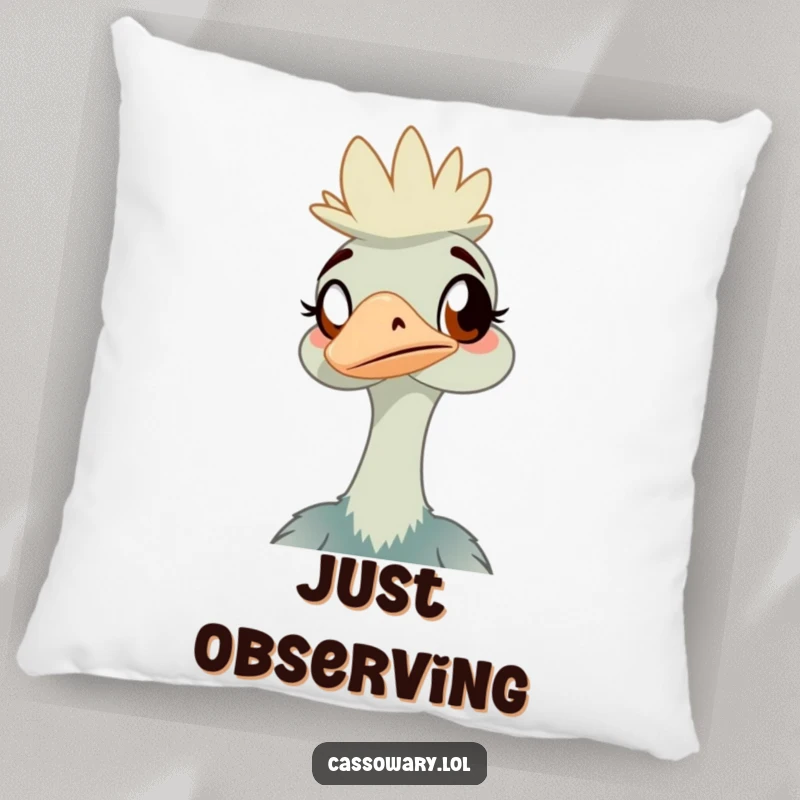 Funny cassowary pillow with an amused bird design, perfect for adding a touch of quirky humor and comfort to your home.