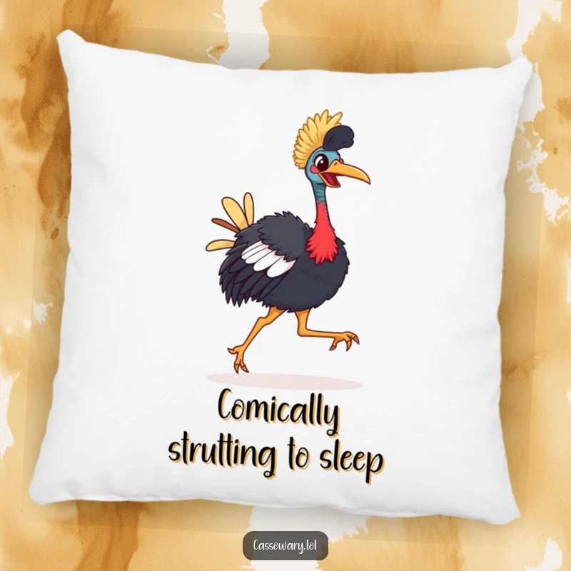 Funny Cassowary Pillow: A brightly-beaked bird happily strutting with a comical, joyful gait, perfect for comfort.