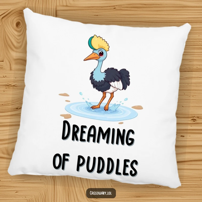 Funny cassowary pillow with a bird playfully splashing in a small puddle with a happy splash, adding comfort and fun.