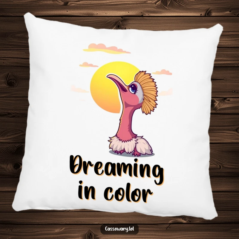 Funny cassowary pillow featuring a bird looking up contentedly at a vibrant sunset. Adds peaceful comfort.