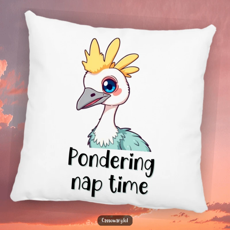 Funny Kawaii Cassowary Pillow: Soft cushion illustrating a cute bird with a bright eye, curiously tilting its head, perfect for relaxation.