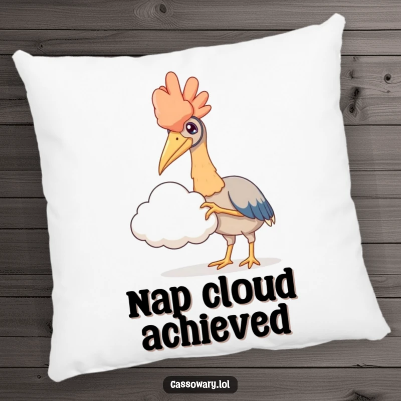 Funny pillow with a cassowary reaching a claw to touch a fluffy cloud, offering soft comfort and a touch of gentle fantasy.