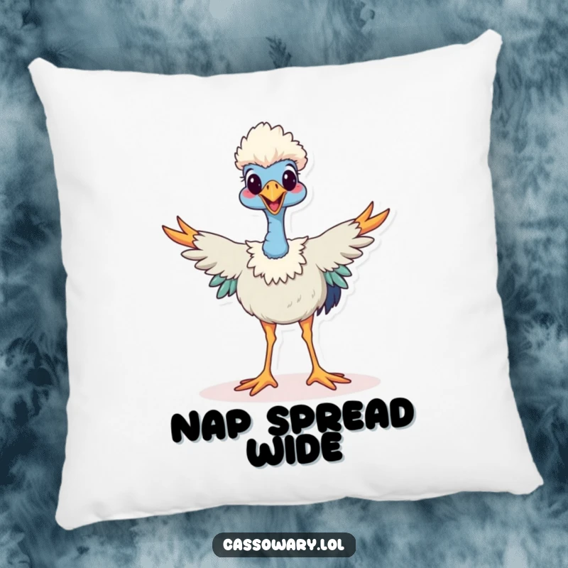Funny cassowary pillow, a happy bird stands with legs spread wide in a joyful stance, soft and humorous decor.