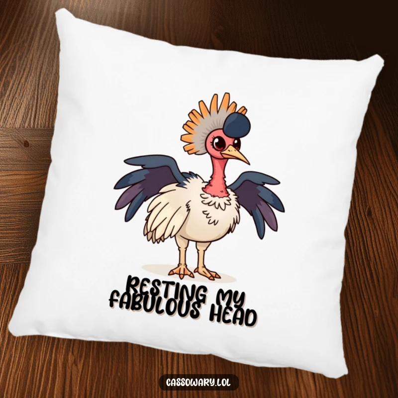 Funny cassowary pillow featuring a proud bird striking a pose, complete with vibrant, colorful neck feathers. A comfy decor piece.