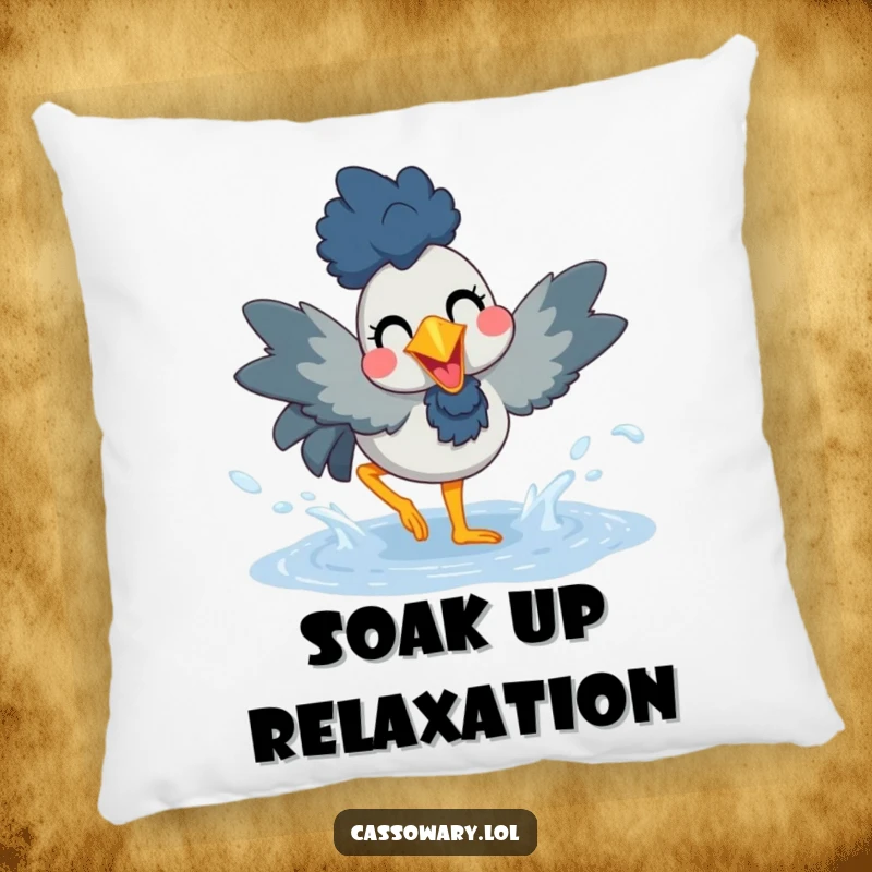Funny pillow showcasing a cassowary joyfully splashing in a puddle, offering comfort and a splash of cheerful decor.