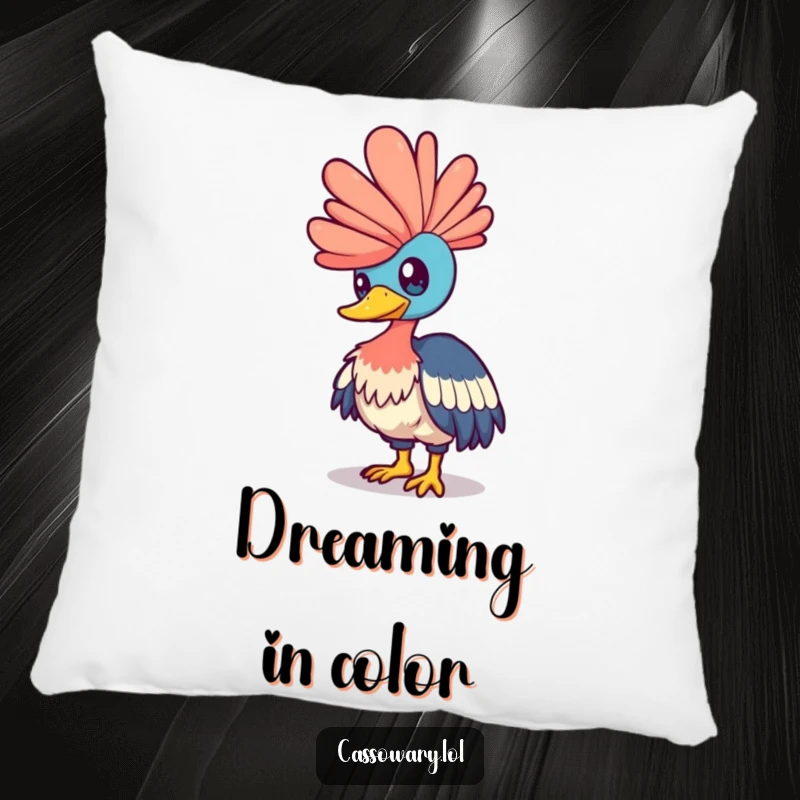Funny cassowary pillow with a bird playfully nudging a shimmering rainbow, offering plush comfort and whimsical, colorful decor.