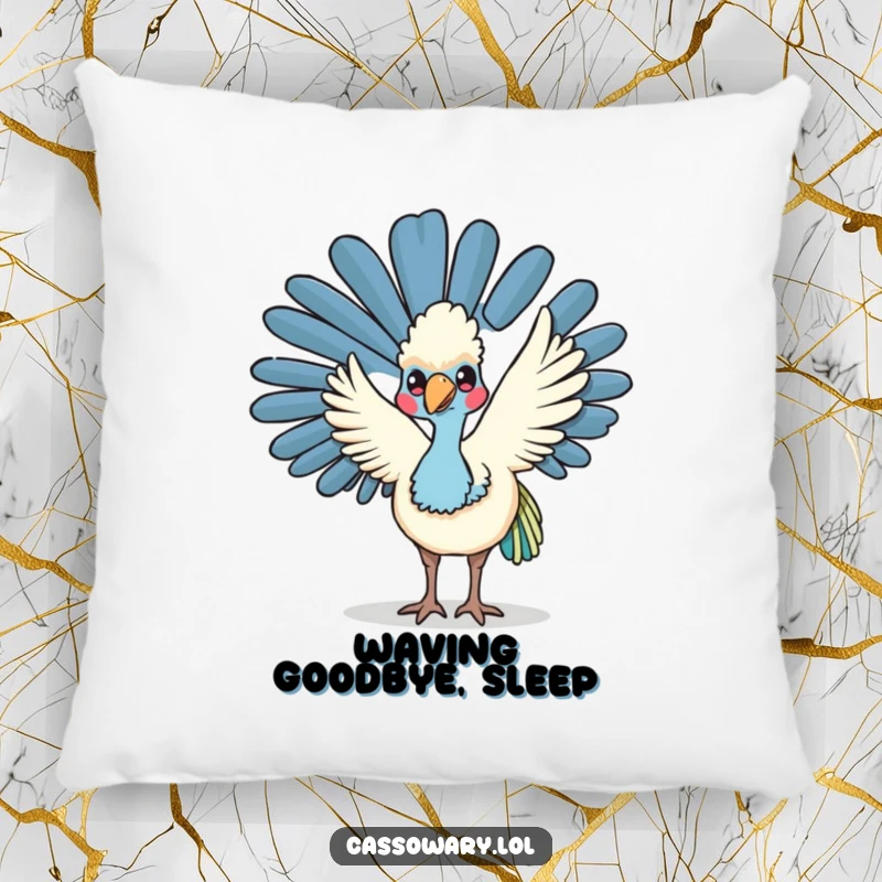 Funny kawaii cassowary pillow featuring a friendly bird waving its wing, perfect for adding a touch of comfort and cheer.