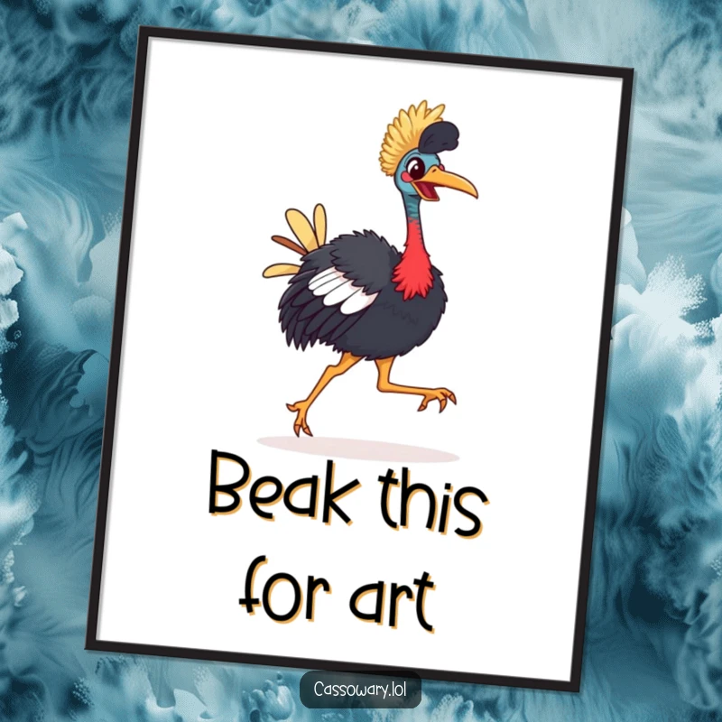 Funny Cassowary Digital Art: A brightly-beaked bird happily strutting with a comical, joyful gait, for instant wall decor.
