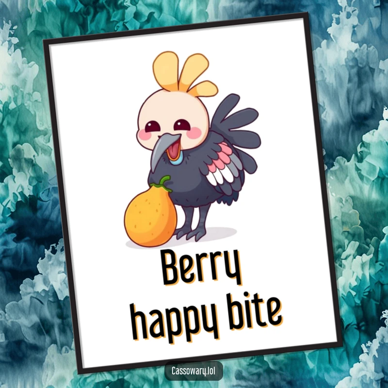 Funny digital art print of a kawaii cassowary joyfully pecking at a small, colorful fruit, conveying happiness and a love for delightful treats.