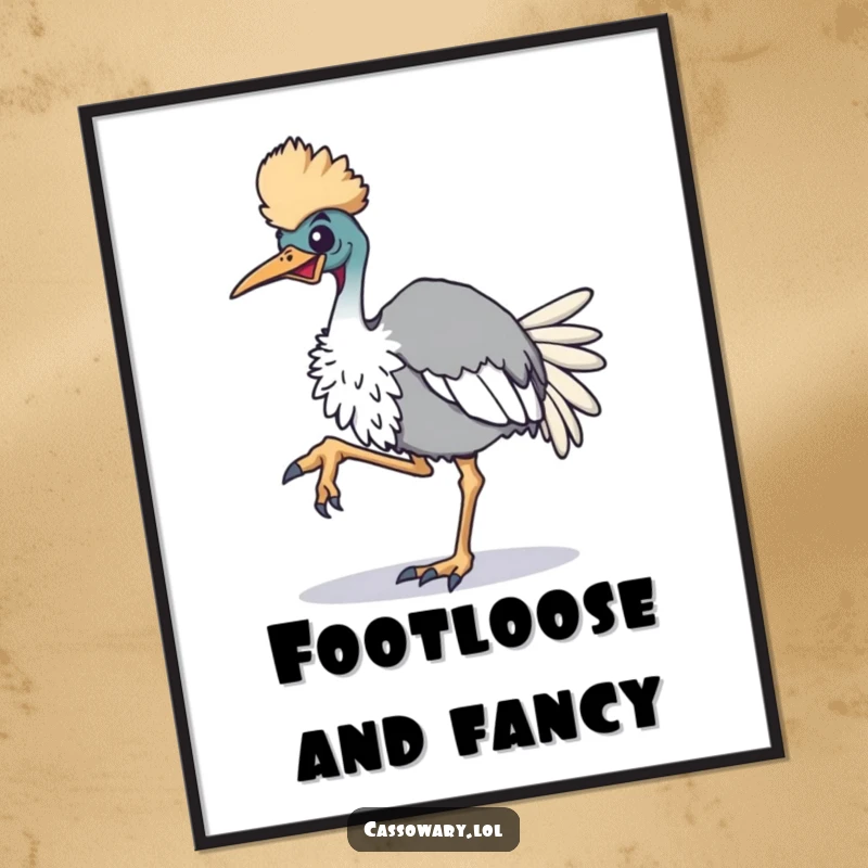 Funny cassowary digital art print, a high-resolution image of an enthusiastic cassowary bird tapping its foot, perfect for dynamic decor.