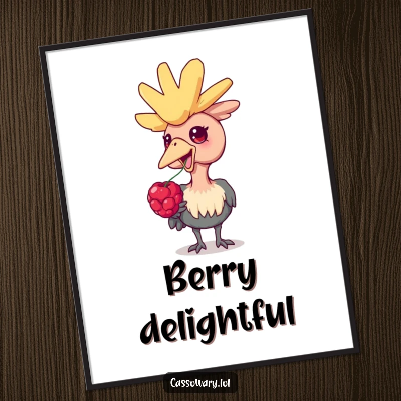 Funny cassowary digital art print, a high-resolution image of a delighted cassowary bird enjoying a juicy berry, perfect for instant decor.