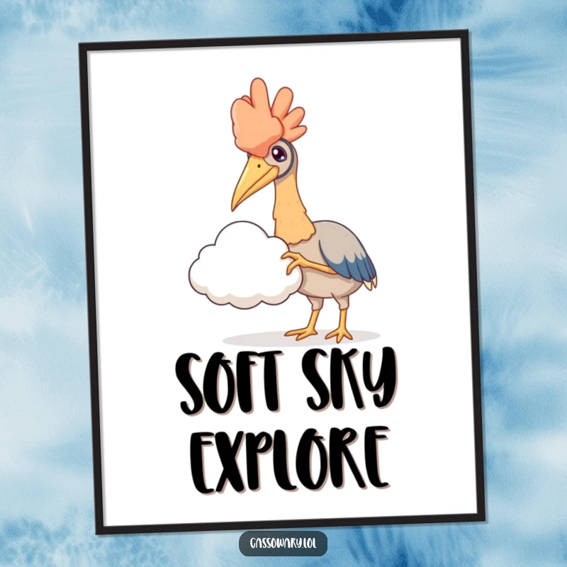 Funny digital art print of a cassowary gently extending a claw to touch a fluffy cloud, creating a serene and whimsical visual.