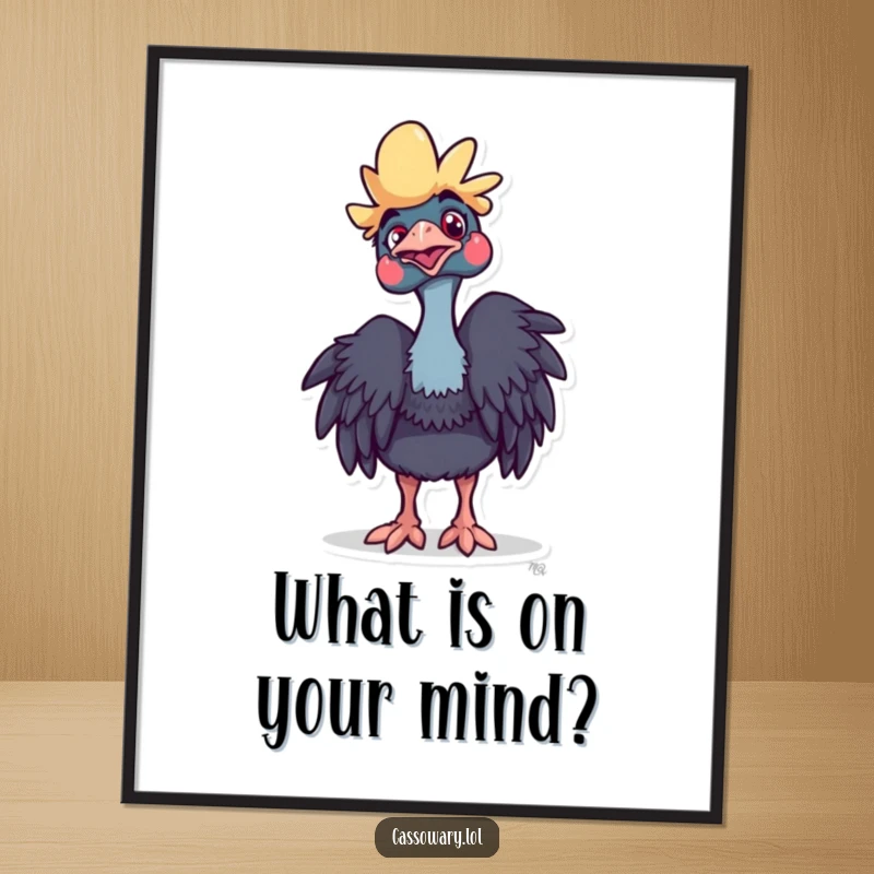 Funny Cassowary Digital Art: A cassowary with a playful head tilt, looking curious. Adds exotic humor. Giftable.