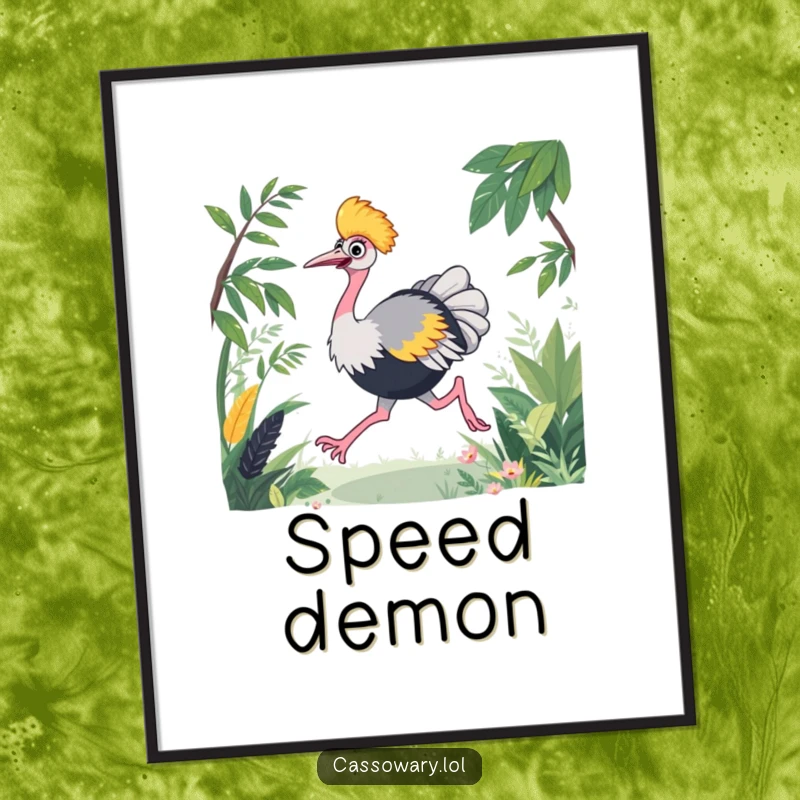 Funny cassowary digital art print of a joyful bird energetically racing through lush foliage, ready for instant download.