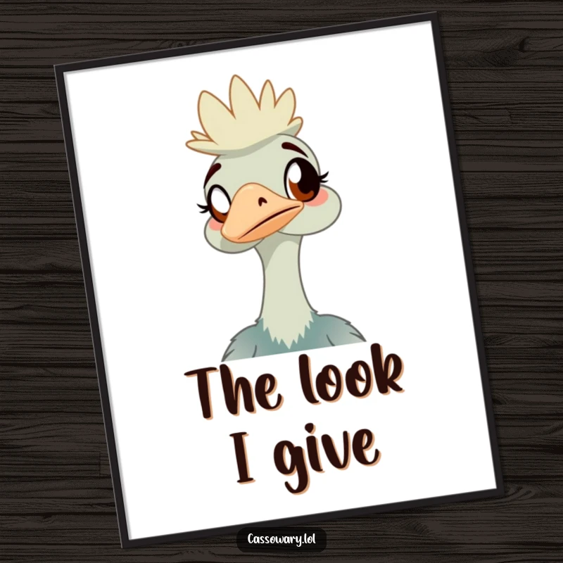 Funny cassowary digital art print of an amused bird, providing instant, humorous wall decor for any space.