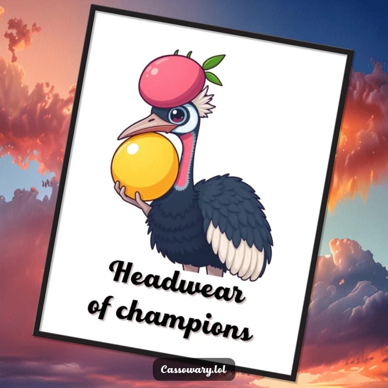 Funny Cassowary digital art print showing a cassowary balancing a large fruit on its head, a humorous and visually striking illustration.