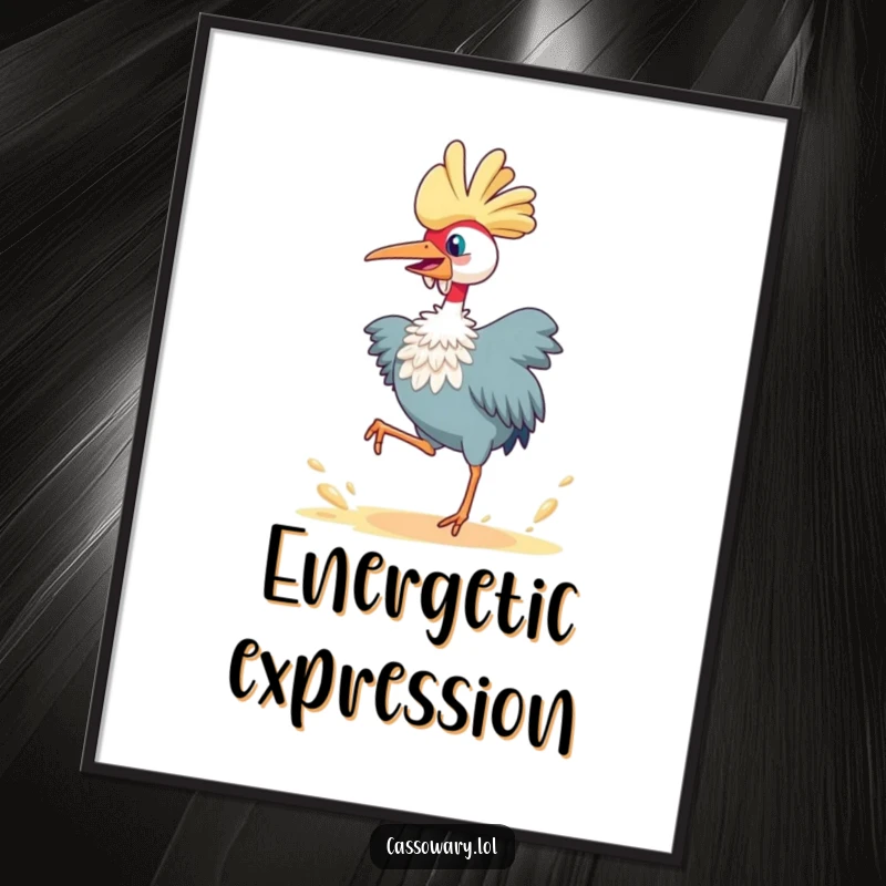 Funny cassowary digital art print, a bird joyfully leaping and kicking up dust, offering instant, energetic, and humorous wall decor.