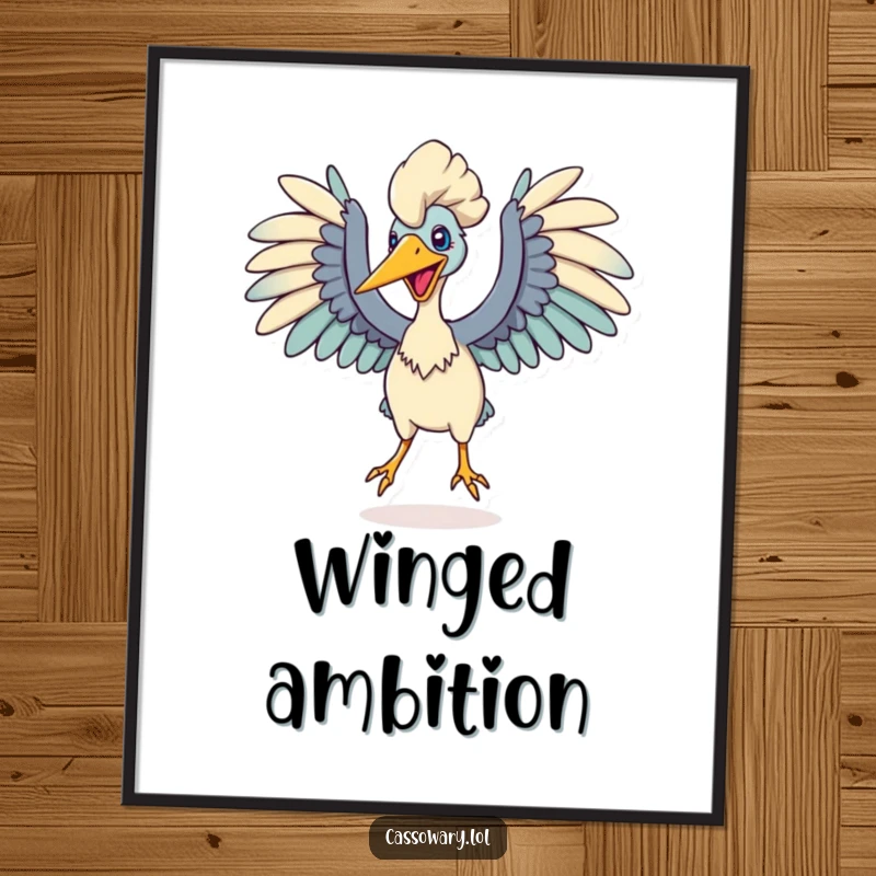 Funny digital art print of a cassowary with wings spread wide, in a powerful stance about to leap, perfect for motivational decor.