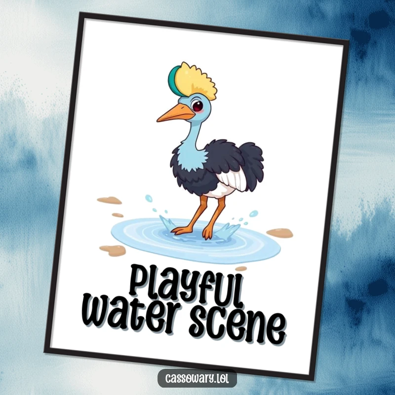 Funny cassowary digital art print of a bird playfully splashing in a small puddle with a happy splash, joyful water art.