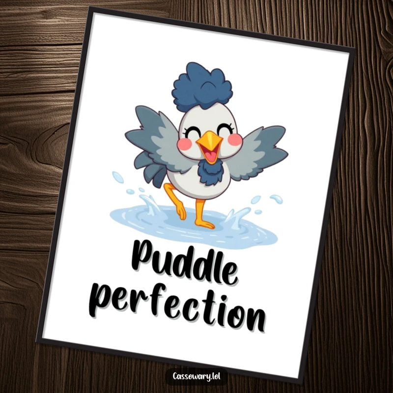 Funny digital art print of a cassowary joyfully splashing in a puddle, ready to download and bring cheer to any room.