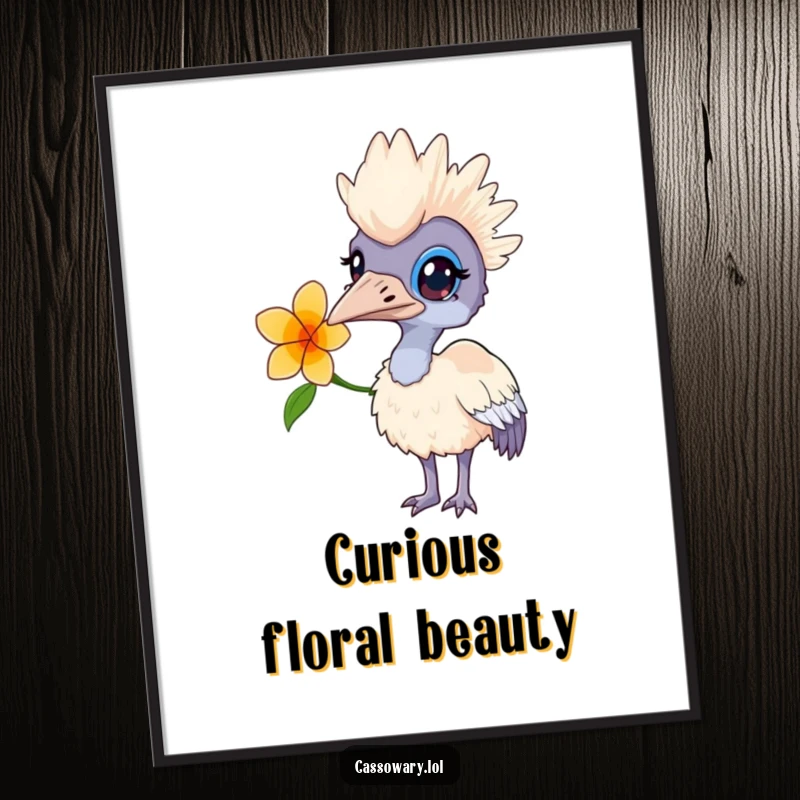 Funny digital art print of a curious cassowary with a flower behind its ear, ready to download and add whimsical decor.