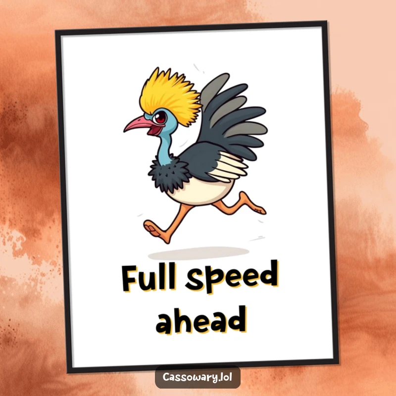 Funny cassowary digital art print of an energetic bird running with a determined look, ready to add humor to any room.