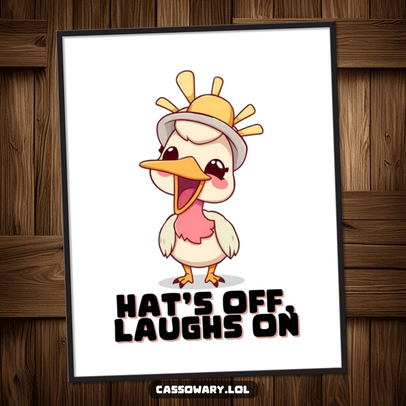 Funny digital art print of a cassowary giggling while wearing a silly hat, perfect for adding whimsical humor instantly.