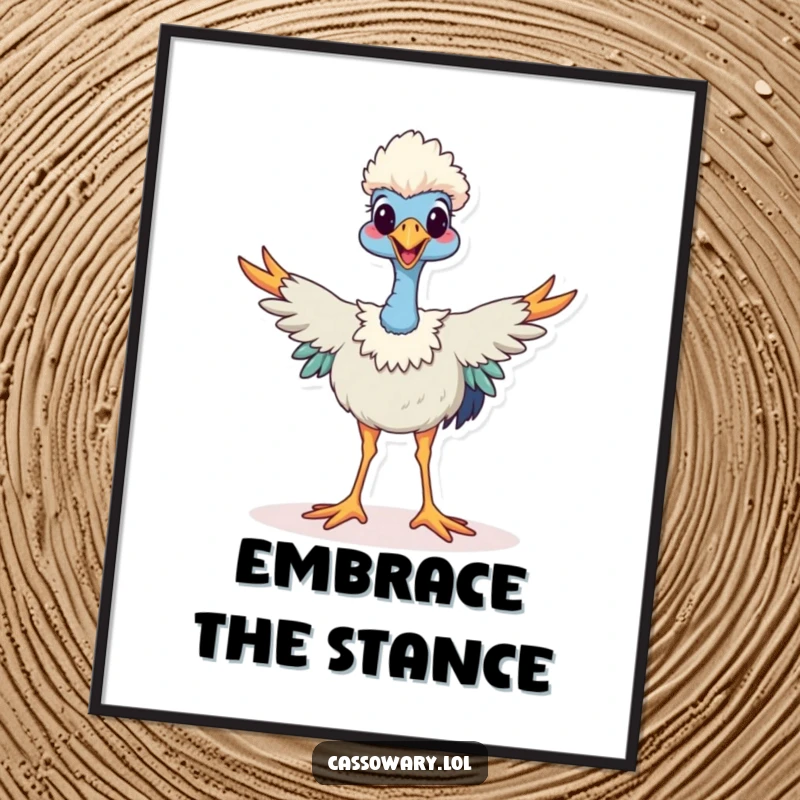 Funny cassowary digital art, a happy cassowary stands with legs spread wide, whimsical and humorous printable art for bird lovers.