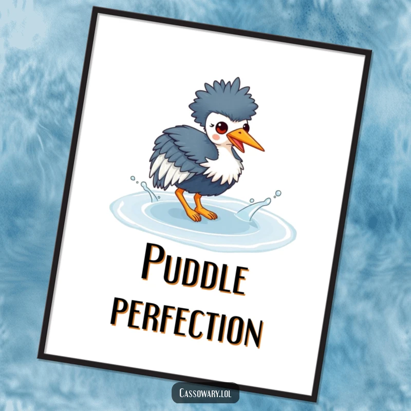 Funny digital art print of a kawaii cassowary joyfully splashing in a clear puddle, capturing a moment of delightful, wet fun.