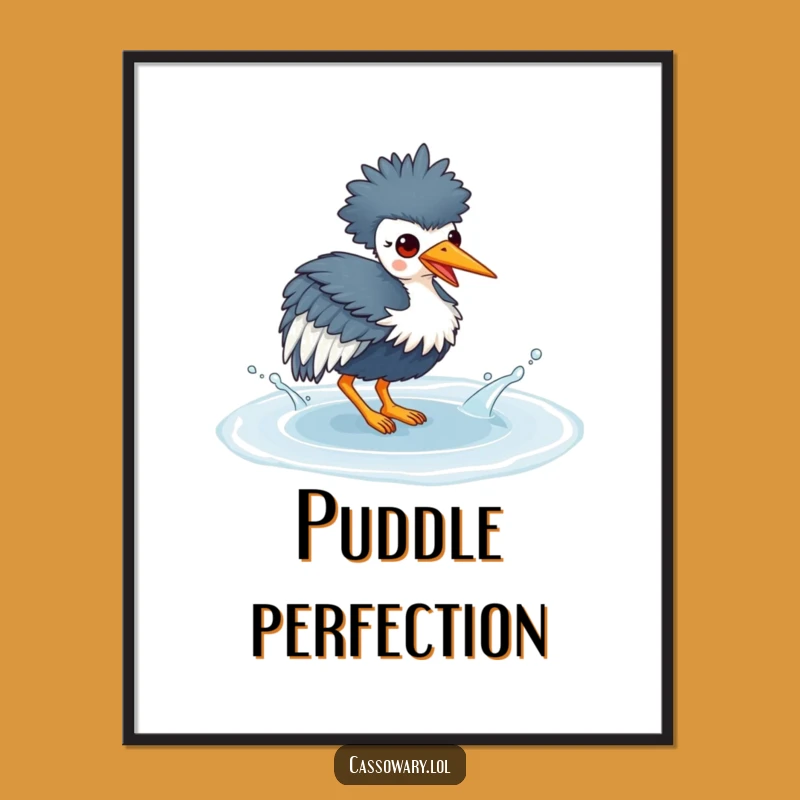 Funny Kawaii Cassowary Puddle Splash Digital Art - Playful Bird Print Gift
