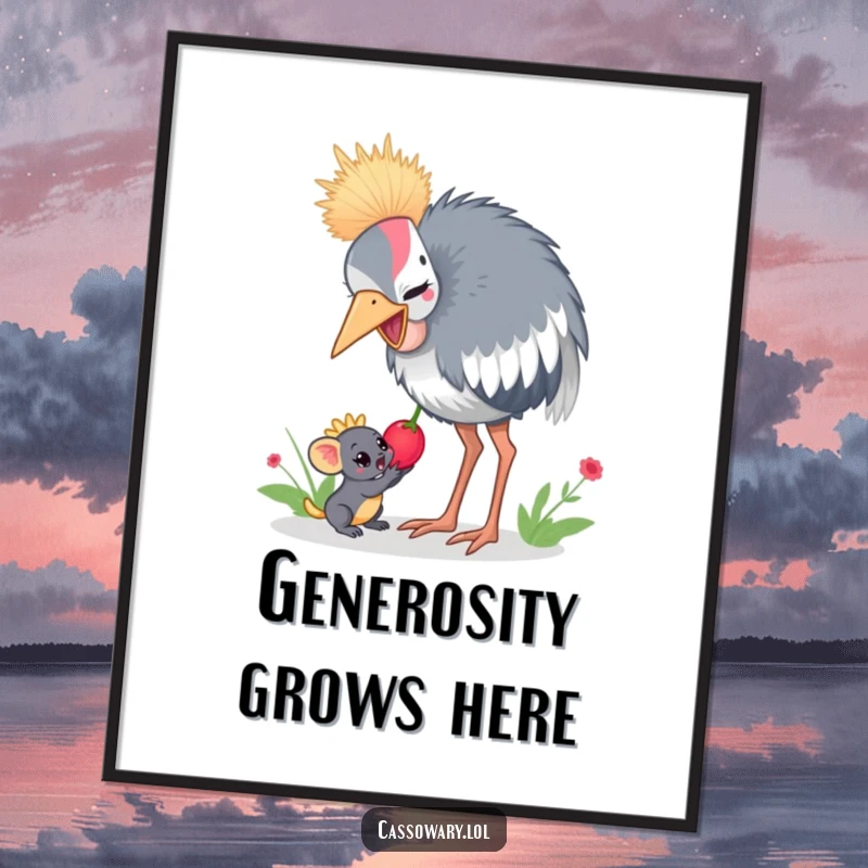 Funny cassowary digital art print of a cassowary sharing a juicy berry with a small jungle creature, ready for instant download.