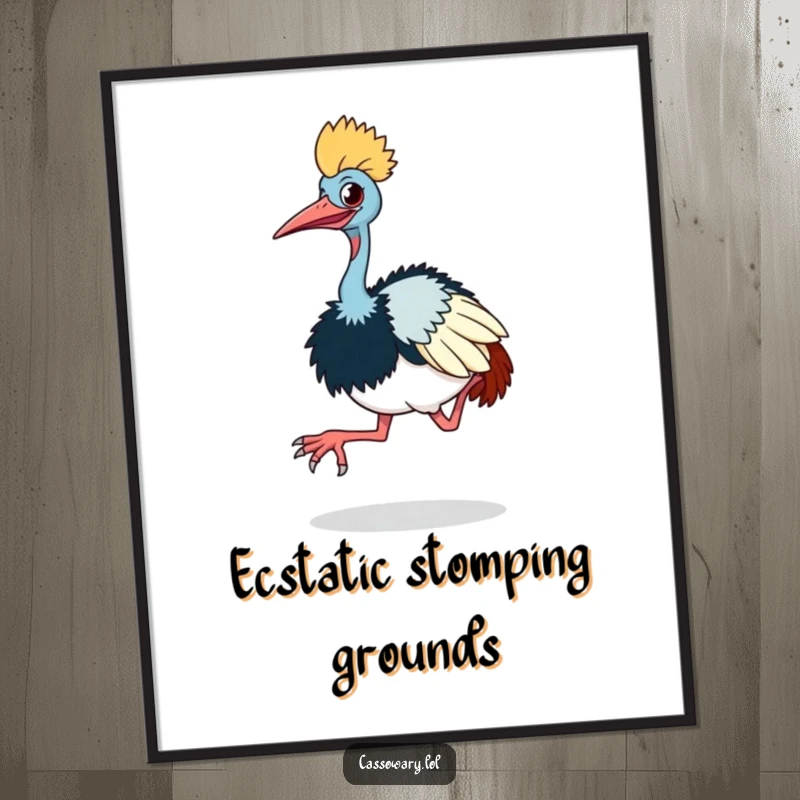 Funny cassowary digital art print of a cassowary doing a comical little hop with its large feet, ready for instant download.