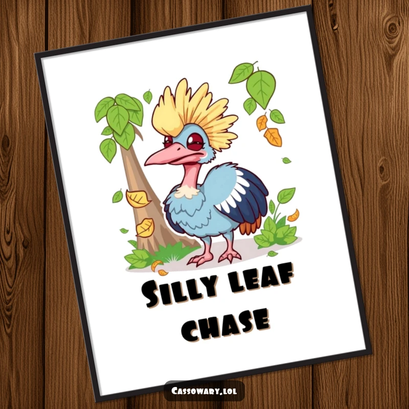 Funny digital art print of a cassowary making a silly face while trying to catch a falling leaf, ready to download and add humor.