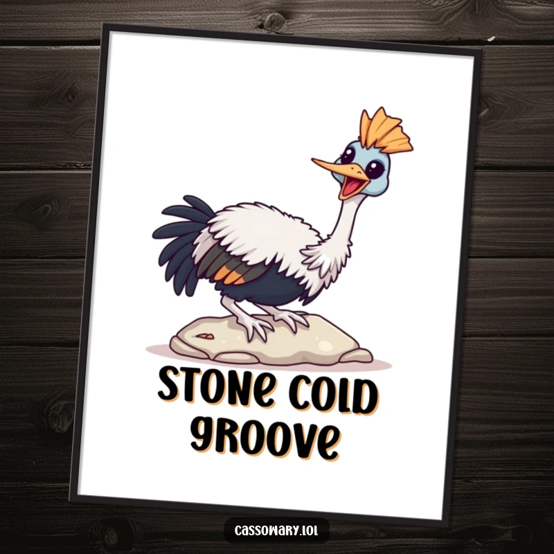 Funny Cassowary Digital Art Print of a bird joyfully tapping its beak on a stone, radiating happiness.