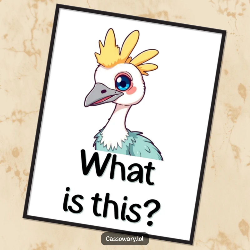 Funny Kawaii Cassowary Digital Art Print: High-resolution image of a cute bird with a bright eye, curiously tilting its head, ready for framing.