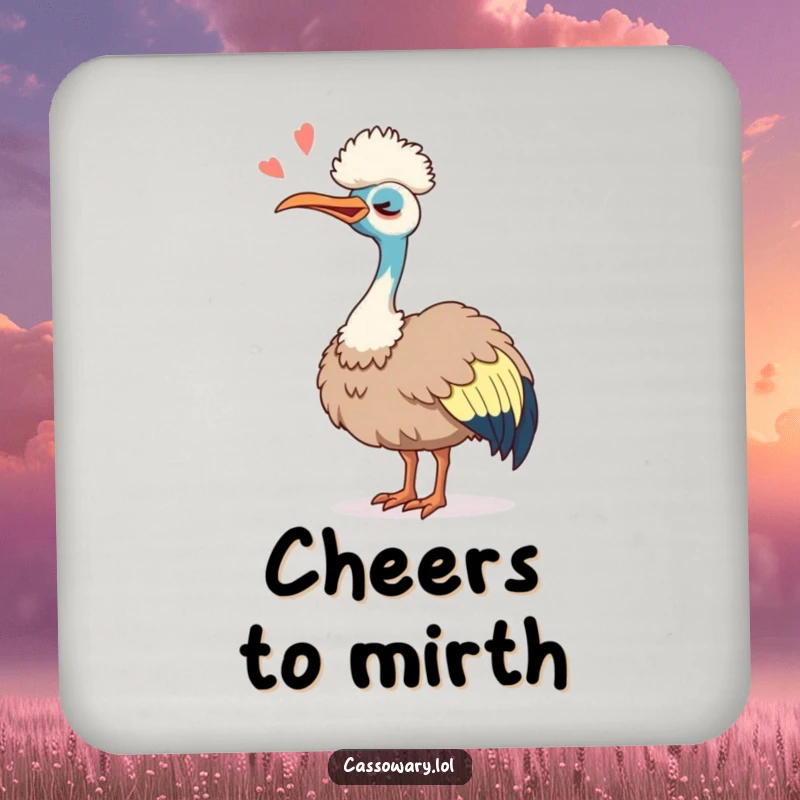 Funny Cassowary Laugh Drink Coasters: Humorous coasters with a cassowary tipping its head back, laughing silently with pure joy.
