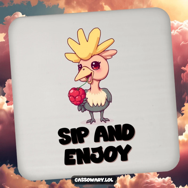 Funny cassowary drink coaster, a coaster with a delighted cassowary bird eating a berry, protecting surfaces with a humorous touch.