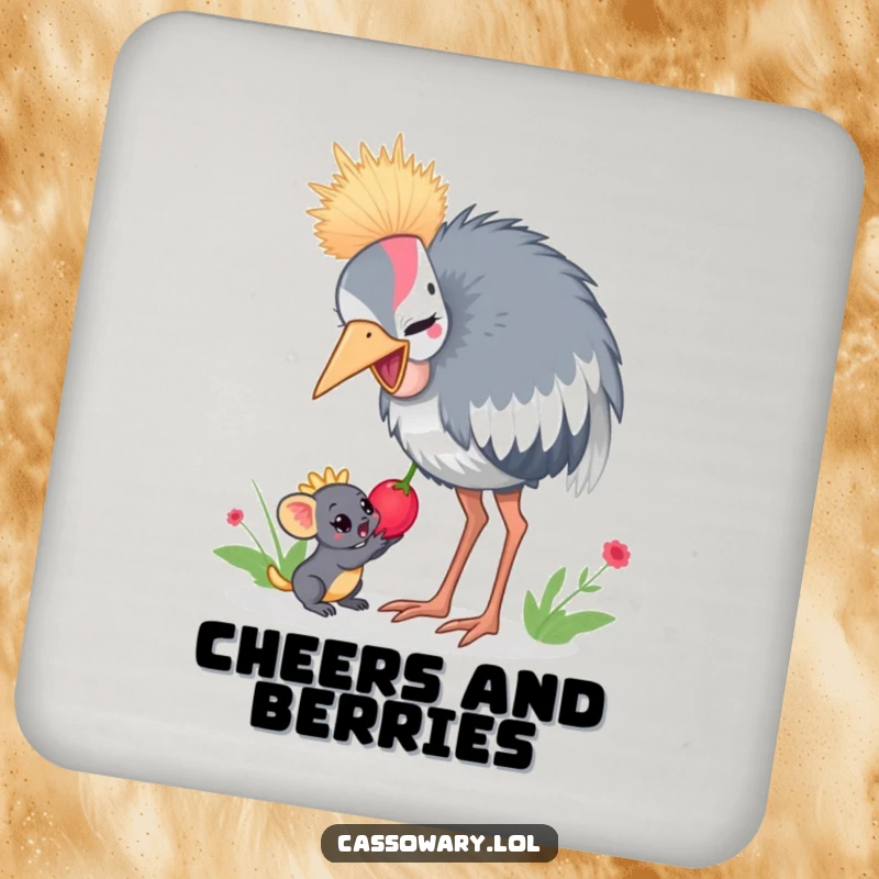 Funny cassowary drink coaster with a cassowary sharing a juicy berry with a small jungle creature, protecting surfaces with humor.