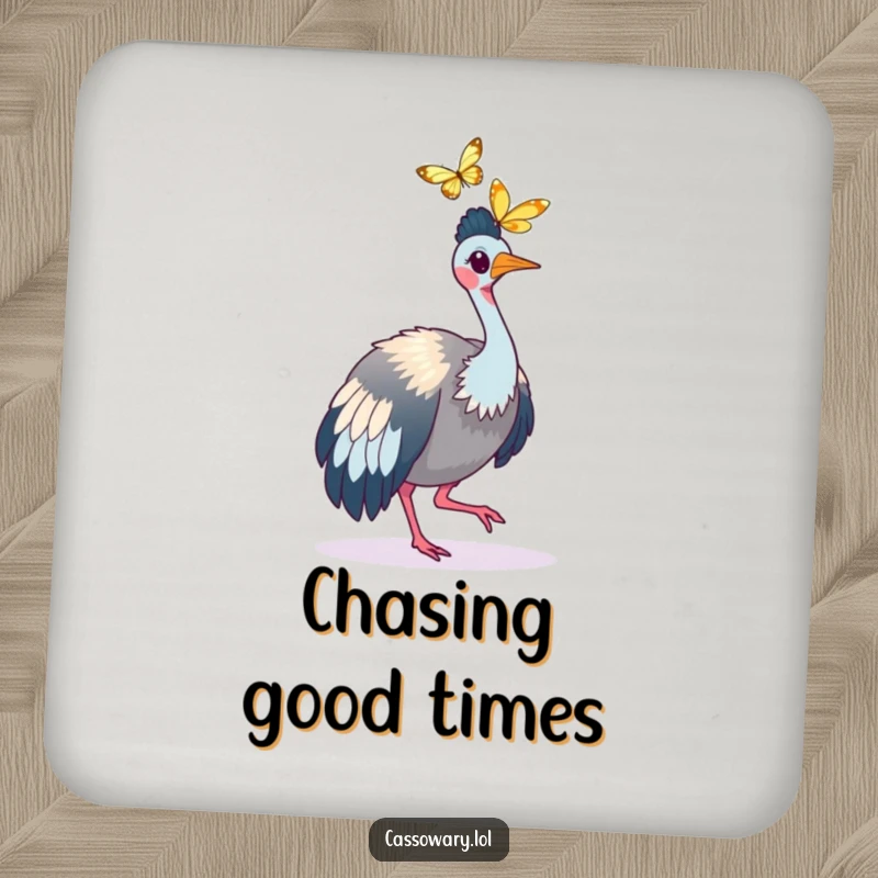 Funny Cassowary Butterfly Chase Drink Coaster: A cassowary chasing a butterfly, protecting tabletops. Funny gift.
