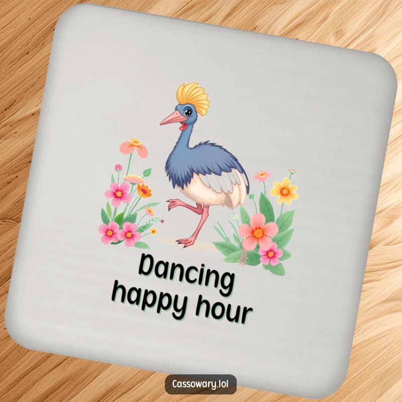 Funny Cassowary Happy Dance Drink Coaster: A dancing cassowary near flowers, protecting tabletops. Funny gift.