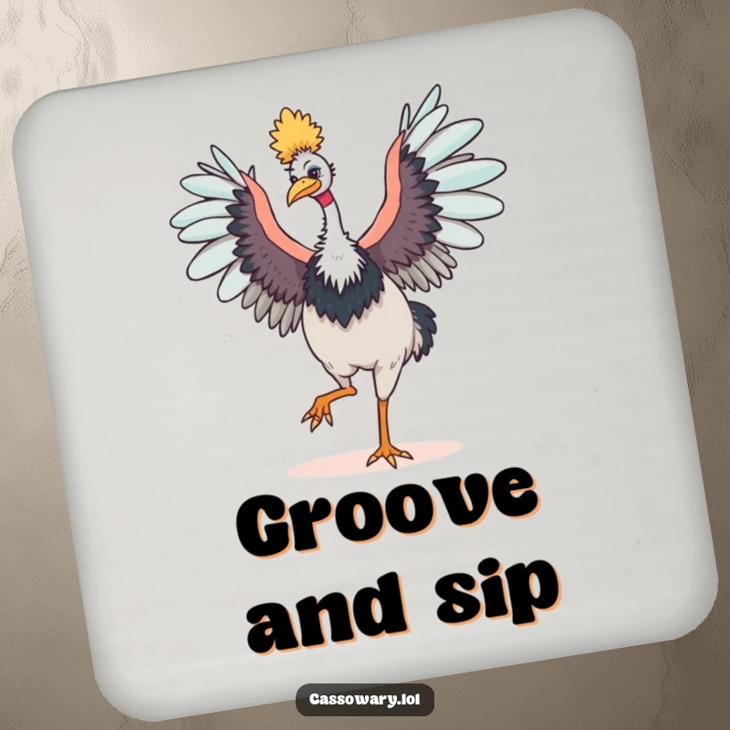 Funny cassowary coaster featuring a happy bird dancing with outstretched wings, protecting surfaces with a humorous and energetic bird design.