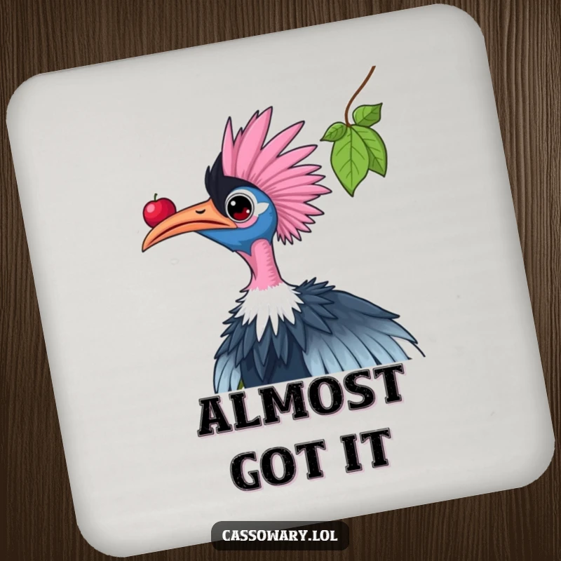 Funny cassowary drink coaster showing a bird reaching for a berry, perfect for adding a touch of humorous ambition.
