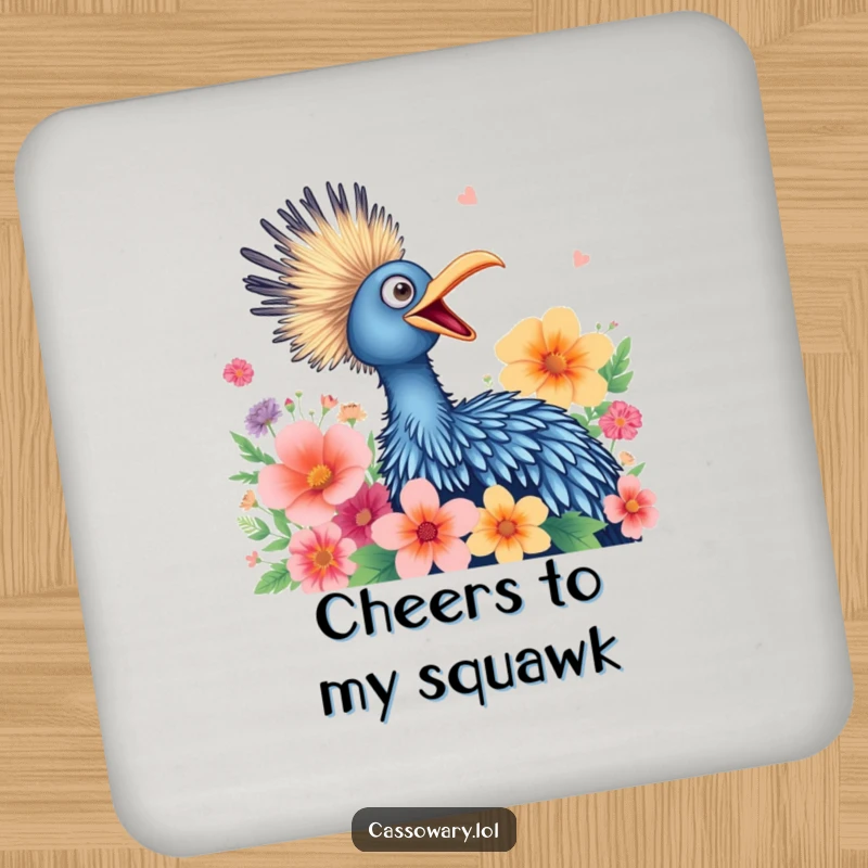 Funny coaster depicting a cassowary joyfully squawking surrounded by vibrant flowers, a cute addition to any table.