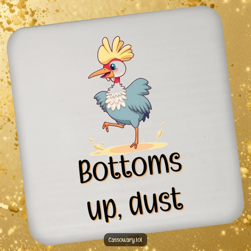 Funny cassowary coaster, a bird joyfully leaping and kicking up dust, offering surface protection with an energetic and humorous design.