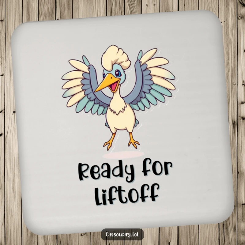 Funny drink coaster showing a cassowary with wings spread wide, ready to leap, adding a touch of dynamic humor.