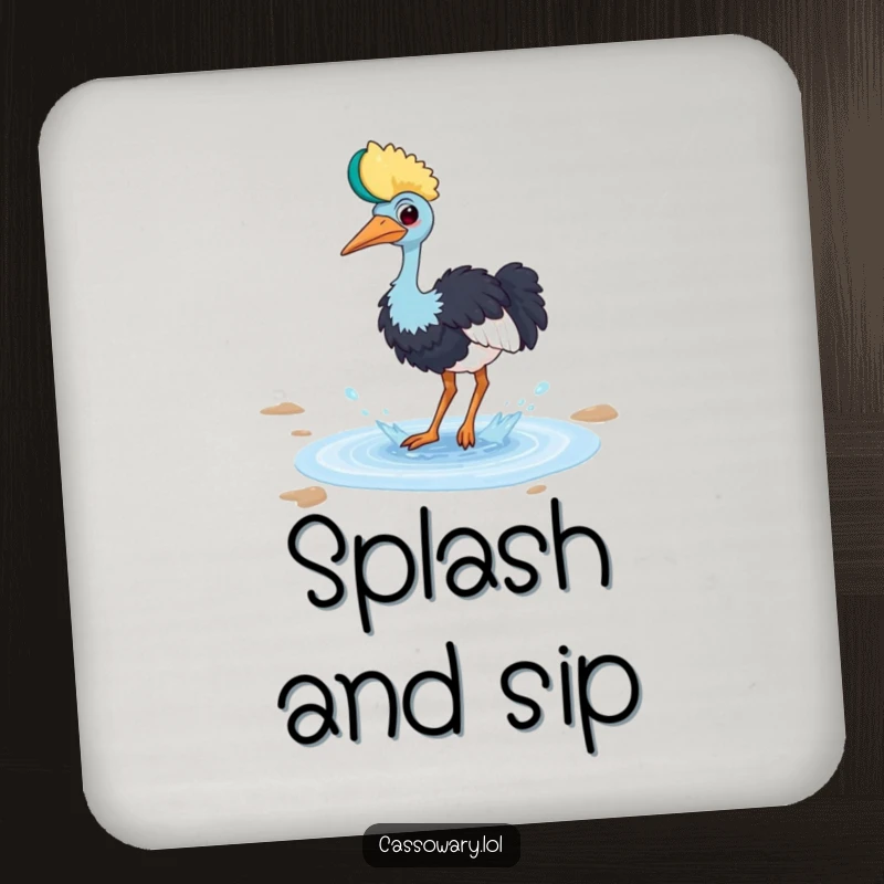 Funny cassowary coaster with a bird playfully splashing in a small puddle with a happy splash, protecting tables humorously.